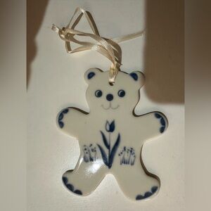 RUSS BERRIE Vintage Porcelain Country Blue & White Teddy Bear Ornament